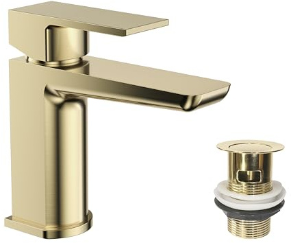 VeeBath Lagoon Soft Square Basin Mixer with Pop-Up Waste – Modern Brushed Brass Finish, Single Lever Control, G1/2 BSP Inlet, Deck Mounted Bathroom Taps, Bath and Basin Taps