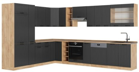 Vicco Eckküche Fame-Line, Dunkelgrau/Goldkraft Eiche, 347 x 257 cm | 16 Module · Höhenverstellbare Füße · AP Eiche inkl. · MDF-Fronten · Softclose · Metallgriffe