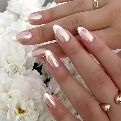 French Tip False Nails - 24pcs Medium Almond Press On Nails - Full Cover Fake Nail Tips With Tool Liquid - Acrylic Nail Glossy Nude With White Tips Designs For Women, Art Manicure