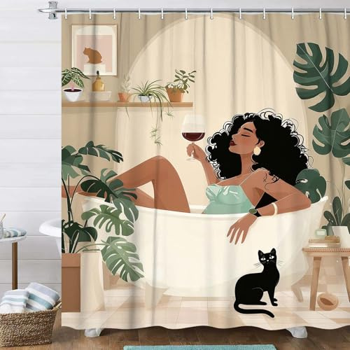 DYNH Boho Fashion Black Girl Shower Curtain Set for Bathroom, Funny Abstract African American Woman in Bathtub Green Plants Fashion Shower Curtain Decor with Hooks,Teal2,72X72IN