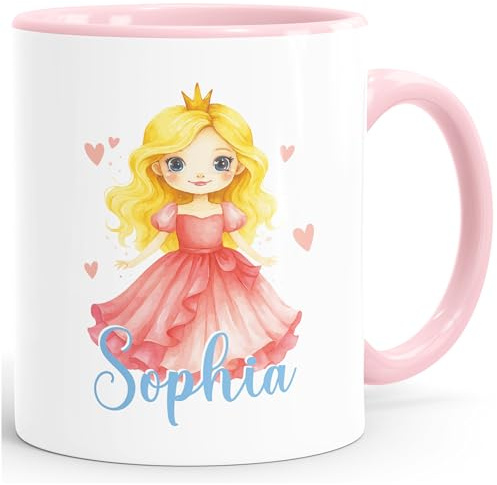 SpecialMe® Kindertasse Namenstasse aus Keramik Prinzessin Aquarell Illustration Geschenk für Mädchen personalisiert Wunschname Weiss-innen-rosa standard