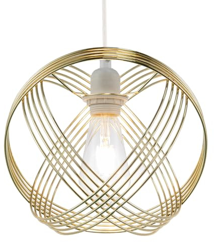 Modern Ornate Polished Plated Gold Spherical Pendant Light Shade with 4-Ring Metal Wrap Design | 25cm Diameter | for E27 E14 B22 by Happy Homewares