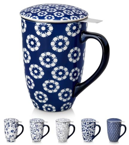 vancasso SELENE Porcelain Tea Mug, 18 oz Porcelain Tea Cup with Infuser and Lid Steeps Loose Leaf Tea, Microwave & Dishwasher Safe, Daisy Cluster