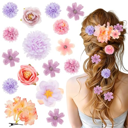 Kiiwah 16 Stücke Boho Haarclip Blume für Damen und Mädchen, Hawaii Blumenspangen Haare Haarspange mit künstlicher Blume Rapunzel Haarschmuck für Strand, Party, Hochzeit, Braut