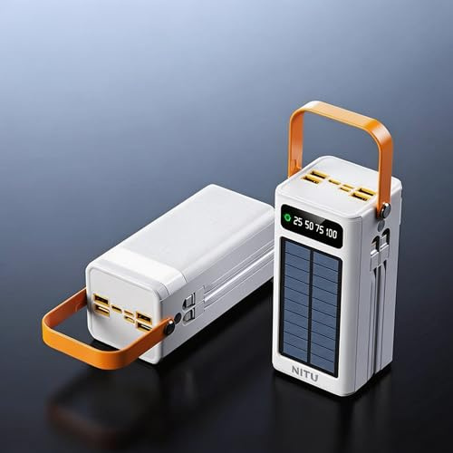 ZMC Solar Powerbank 100000mAh, 22.5W PD Schnellladung, 4 Ausgänge, LED Lampe, 3-in-1 Kabel, für iPhone und Android, Weiß