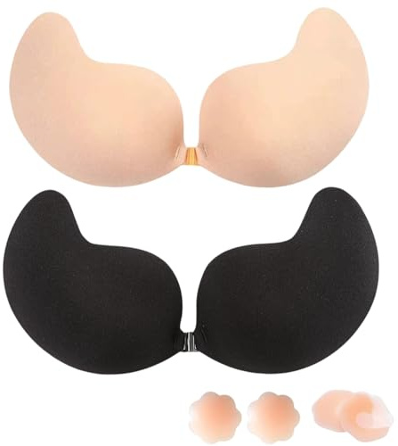 Dresmannst Sujetador Invisible Push Up sin Tirantes con 4 Pezoneras Adhesivas Invisibles para Espalda Descubierta Adhesivo Sticky Bra al Aire Pecho, Transpirable, Discreto y Reutilizable-A