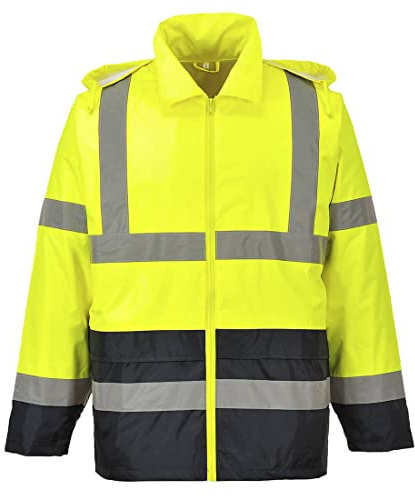 Portwest H443 Klassische Kontrast Warnschutz-Regenjacke 2 Taschen Winddicht | Gelb/Schwarz, L, EN ISO 20471, EN 343 Klasse 4:1, UPF 50+, Polyester Leicht, 100% Polyester, Belüftete Rückenpasse und Ösen