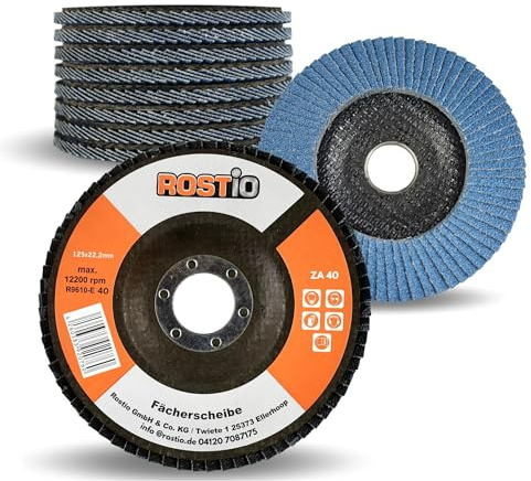 10 x Rostio Fächerscheibe 125 mm Edelstahl Inox Fächer-Schleifscheibe Zirkonkorund Blau Flex/Winkelschleifer (Korn 40)