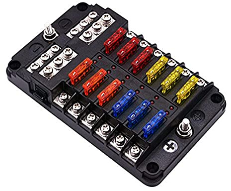 Wisamic 12 Fach Kfz Sicherungshalter, ATC/ATO Sicherungshalter mit verschiedenen Sicherungen, Erdungsklemmen, LED-Anzeige für Auto, Boot, Boot, Wohnmobil, LKW, DC 12-24V