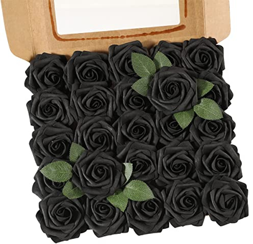 Ruiuzioong Künstliche 25 Stück Rosen Blumen Schaumrosen Foamrosen Kunstblumen Rosenköpfe Gefälschte Kunstrose Rose für Hochzeit Blumensträuße Braut Zuhause Dekoration (Schwarz, 25 Stück)