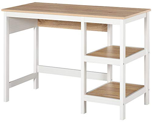 HOMCOM Schreibtisch mit 2 Ebenen Regal, Computertisch, Bürotisch, MDF, Natur+Weiß, 110 x 48 x 76,2 cm