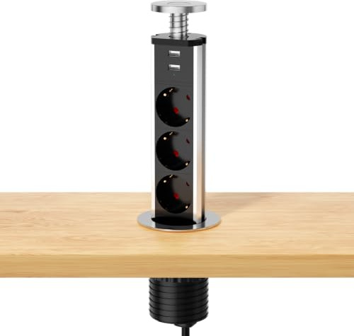 LEUTED Versenkbare Steckdose mit USB, 3 Fach Einbau Steckdosenleiste | Mit Überspannungsschutz, 1,8 m Kabel und Platzsparendem Design für Küche, Schreibtisch und Home Office