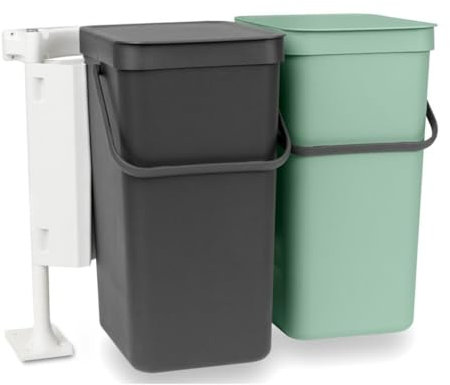 Brabantia - Pattumiera Sort & Go 2x16L - Doppio Cestino da Incasso per Rifiuti - Coperchio Aperto - Maniglia per il Trasporto - per Armadietti da Cucina - Jade Green/Light Grey - 52 x 35 x 43 cm