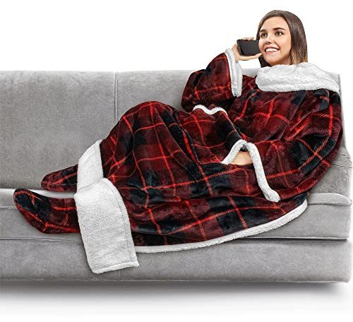 PAVILIA Sherpa-Decke mit Ärmeln, Fußtasche für Damen, Herren und Erwachsene, dicke, tragbare Decke, Überwurf, Fleece, warme Kuscheldecke, Bademantel, gemütliche Geschenkideen, Ehefrau, Mutter,