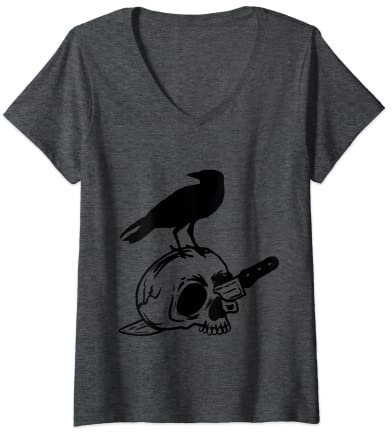 Damen Totenkopf-Krähe, Raben, Dolchmesser, Halloween T-Shirt mit V-Ausschnitt