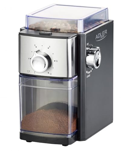 Adler AD 4448 Burr Kaffeemühle elektrisch mit stufenloser Mahlgradeinstellung 250 Gramm Bohnenbehälter leiser Betrieb rutschfeste Gummifüße Schwarz