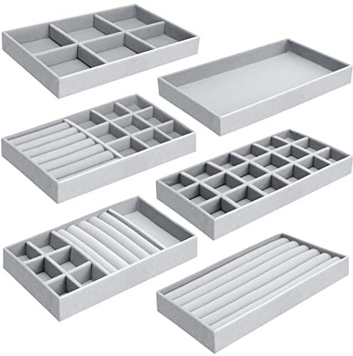 6 Organizzatore Grigio Vassoio Porta Gioielli, Organizer Velluto, Espositore Anelli da Cassetto per Orecchini Collane Bracciali(21*12.5 *2.5 CM)