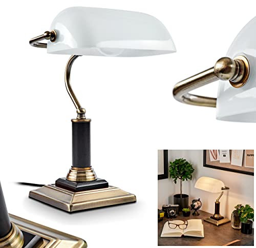 Klassische Bankerlampe, Retro Tischlampe aus Metall/Holz/Glas in Messingfarben-Antik/Schwarz/Weiß, Tischleuchte für Büro u. Schreibtisch, mit An-/Ausschalter am Kabel, 1 x E27, ohne Leuchtmittel