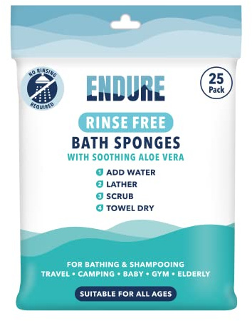 Endure Rinse Free Bath Shower Sponge - Body Wash Wipes for Bathing - Perfect for Camping, Festivals, Gym and Travel - Dry Sponge Wipes with Gentle Cleansing Soap. Just add Water (25 Per Pack).