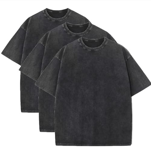 3 st herr överdimensionerad tung bomull sommar t-shirts vintage t-shirt lös passform kortärmad casual t-shirts för män kvinnor, 3 stsvarta, XXL