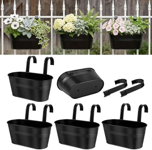 vensovo Metal Hanging Flower Pots for Railing Fence - 5 PCS Black Large Hanging Planter for Balconyl Metal Iron Buckets with Removable Hooks & Drainage Holes Outdoor Garden Home Decor (11 Inch)