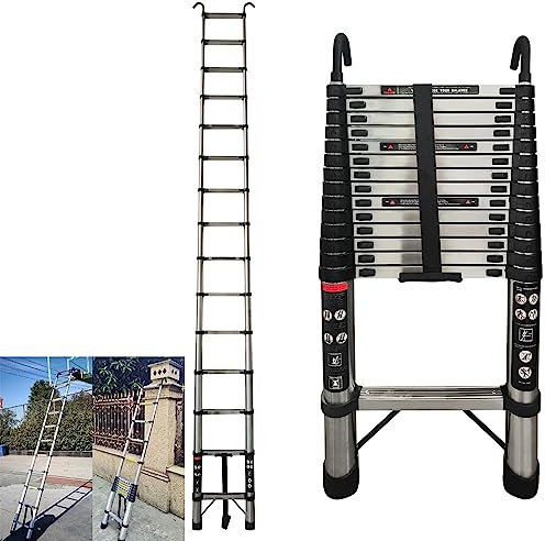 AUTOFU 5m Multi-purpose Ladder Extending Ladder Foldable Ladder, 150kg/330lbs Max Load Capacity Extension Ladder,12 Steps Collapsible Ladder,EN131 Telescopic Ladder with Hook for Household Roof Home