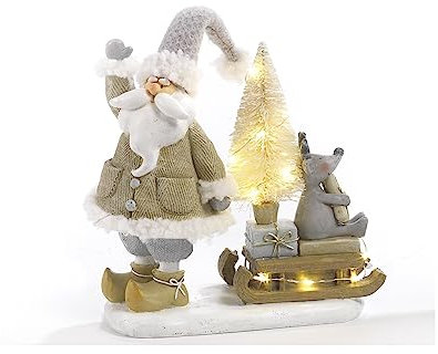 PABEN Decorazione Natalizia Babbo Natale con Slitta e Renna 24 cm in Resina con Luci