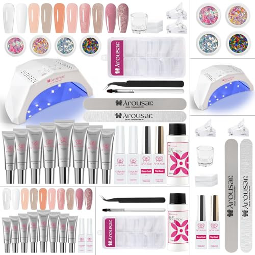 Arousar Poly Nagelgel Set, 12PCS Nagelverlängerungs Gel Kit, Blau Rot 10 Farben Nagelgel mit 2 Gel Nagellack, Deck und Unterlack, LED Lampe Nägel Selber Machen für Anfänger und Profis