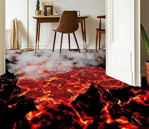 Autocollant De Sol Étanche Autocollant Personnalisé Peintures murales de papier peint de plancher de lave rouge 3D, 300 * 210cm Revêtement de sol 3D Salon Chambre à coucher Peinture de sol Tapis Impr