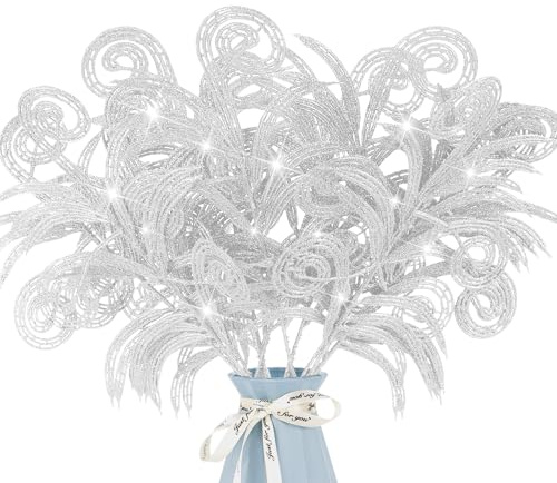 Kunjocy 12 Stück Glitzer Weihnachtsblätter Picks Künstliche Blätter Spray Picks Weihnachtsbaum Weihnachtsstern Blume Stiele Zweige für DIY Kranz Hochzeit Tisch Mittelstück Dekorationen (Silber)