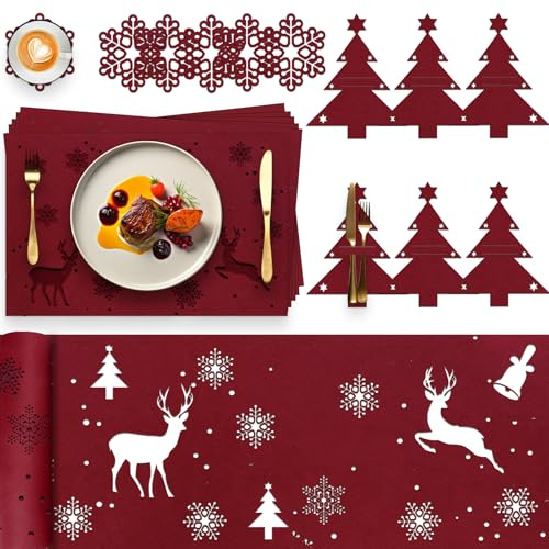 Kazaigou 19 Stück Tischdeko Weihnachten Platzset Weihnachten, Weihnachts Tischdeko Filz Tischläufer, Tischsets Weihnachts Tischläufer Platzdeckchen Untersetzer Tischset Filz für 6 Personen