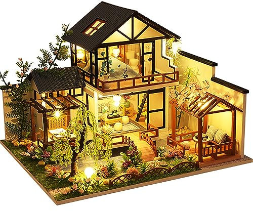 Maquette Maison Miniature pour Débutants à Construire, DIY Maison de Poupée Miniature Bois en Kit avec Cache-Poussière Et Lumière LED Cadeau de Bricolage Artisanal-Jardin Aquatique de Zhuxi