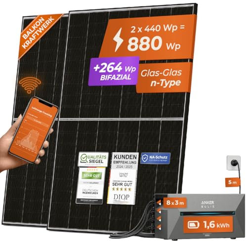 Solarway® All In One Balkonkraftwerk mit Speicher 880W komplett Steckdose - 1,6 kWh Anker Solix 2 PRO Speicher - Solaranlage Komplettset - 440W bifaziale Solarmodule & Anker Speicher & Zubehör