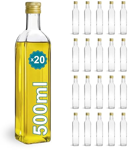Espirito Rebelde Lot de 20 Bouteilles en Verre 500 ml avec Bouchon à Vis Doré – Huile d'Olive, Vinaigre, Alcool et Sauces | Huilier en Verre