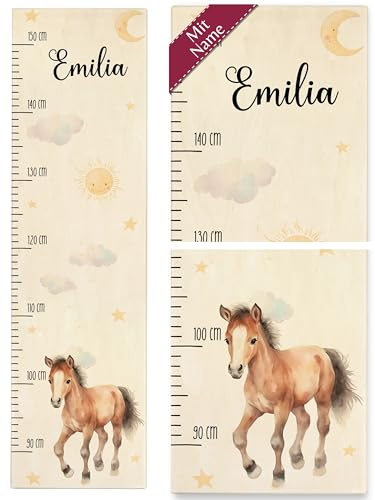 Kind Holz - Pferde - Kindermesslatte Pferdepony I Pony Geschenk kleines Mädchen Messlatte für Kinderzimmer Ponymotiv - 90-150 cm - Holz - personalisierte kinder pferd geschenke baby pferdemotiv