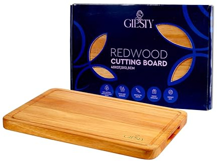 Giesty® Tabla de cortar de madera maciza acacia/redwood, tabla cocina reversible con ranura para jugos y asas, bloque de carnicero para carne, verduras, pan, queso (Redwood, 40cm x 27,5cm x 2,5cm)