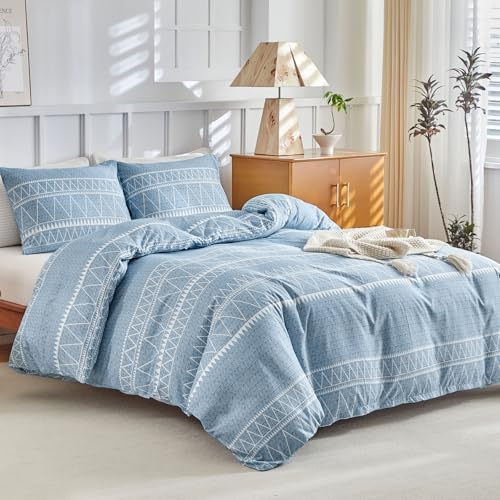 Lekesky Bettwäsche 200x200 3teilig + 2 Kissen 80x80, Boho Blau Linien | 1 Bettbezug 200x200, 2 Kissenbezüge 80x80 mit Reißverschluss, Bedding mit Reißverschluss, Mikrofaser Maschinenwaschbar