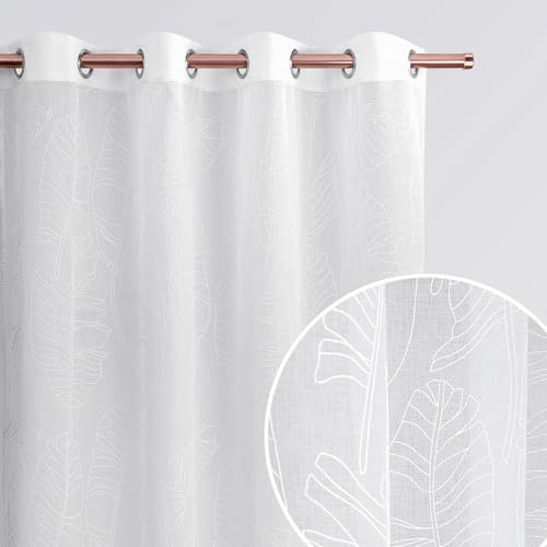 ROOM99 Tenda con occhielli Flory 140 x 260 cm larghezza x altezza soggiorno Curtain trasparente moderna tenda soggiorno camera da letto foglie bianche 1 pezzo