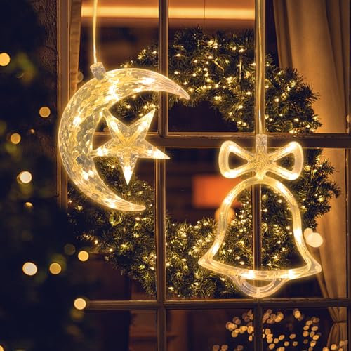 Jsdoin LED Christmas Window Light Moon and Bell, Twinkle Christmas Curtain Light with Timer, Hanging Lights for Party Shop Window Xmas Decoration, Outdoor Indoor, Battery Powered(Warm Light)
