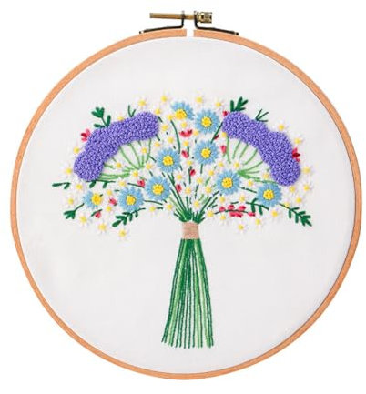 N.LANSHAN Stickerei Set Bunter Blumenstrauß，Bastelset Für Erwachsene，Lila Blumen，3D-Stickerei-Starterset Mit Anleitung，Stickrahmen，Garn Und Werkzeug 30x30cm