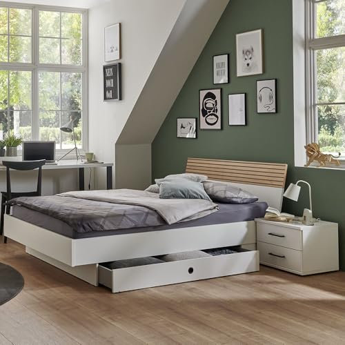 Lomadox Jugendbett 90x200 cm inkl. Nachttisch Gästebett Einzelbett Bett Bettgestell Nachtschrank modern in weiß