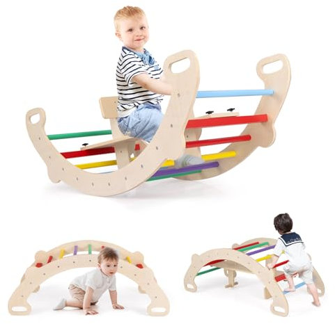 COSTWAY Kletterbogen, mit abnehmbarem Sitz, 4 in 1 Klettergerüst Indoor zum Wippen, Schaukeln, Klettern und Krabbeln, Kletterdreieck Holz, Bogenwippe für Kinder ab 1 Jahre, Sitzhöhe 23,5cm (Bunt)
