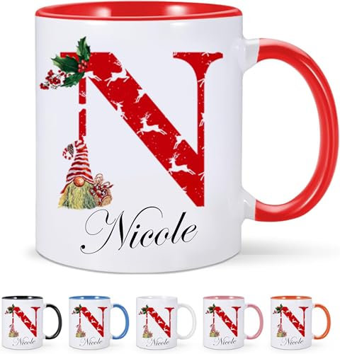 EKAM Personalised Christmas Initial Name Mug with Santa and Festive Decor, Customised Coffee Tea Mug for Family, Friends, Mum, Dad, Kids and Girls (11oz)