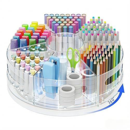 CraftGenes Roterande organisatör, klar akrylpennhållare och pennorganiserare för skrivbord, konsttillbehörsorganisatör och markörorganisatör, 7 avtagbara fack för kontorsmaterial, klassrum