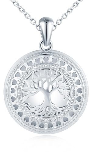 MICMIF Médaillon Arbre de vie en Argent 925 Collier Femme Personnalisé Photo Médaillon Ronde Creux Arbre Pendentif Porte Photo Chaîne 45+5cm pour famille maman femme fille