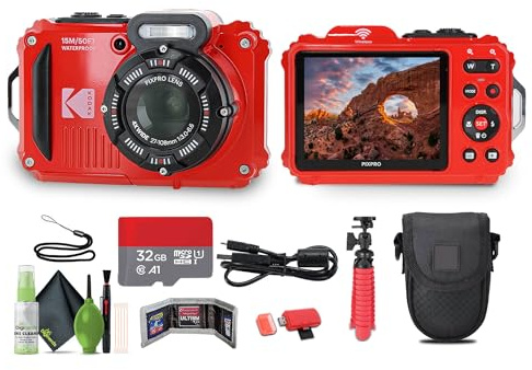 KODAK PIXPRO WPZ2 Rugged Waterproof Shockproof Dustproof WiFi Digital Vlogging Camera 16MP (Red) Bundle with 32GB Memory Card + Vlogger Tripod + Bag + Cleaning Kit + More Accessories