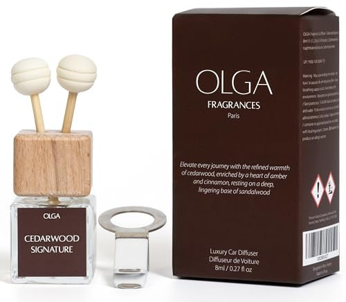 OLGA Car Air Freshener for Men – 8ml Cedarwood Signature Clip-on Diffuser with Wooden Reeds – Long-Lasting Luxury Car Scent with Real Cedarwood – Elegant, Natural and Strong – Up to 30 Days