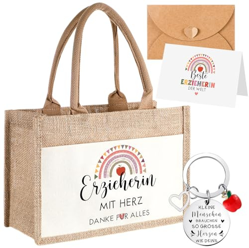 Tenare 4er Set Danke Geschenke zum Lehrertag Erzieherin | Jute Einkaufstasche, Metall Schlüsselanhänger mit Gravur Regenbögen, Dankeskarte Umschlag, Abschied Graduierung Schule
