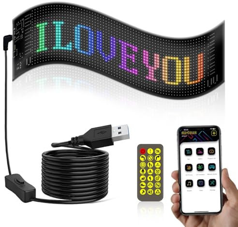 LED Matrix Panel Programmierbar Schild Personalisiert, mit Bluetooth-App-Steuerung, Flexible Car Sign Anzeigetafel, Devil Eyes Licht LED Augen für Auto, LKW (92 * 370MM)