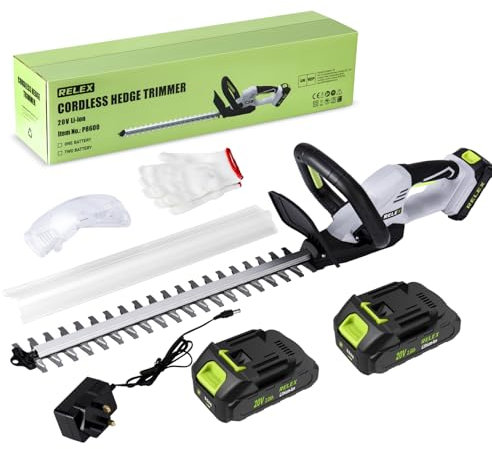RELEX Tagliasiepi senza fili, con 2 batterie e caricabatterie, lunghezza di taglio 51 cm, strumento da giardino e tagliasiepi portatile leggero per siepi, cespugli, rami